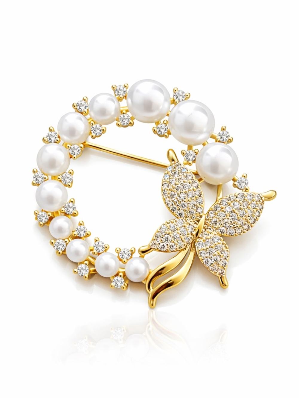 Gold Pearl Butterfly Circle Brooch